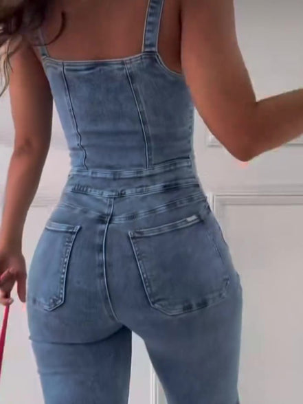 Combinaison Denim Zippée Sans Manches – Femme